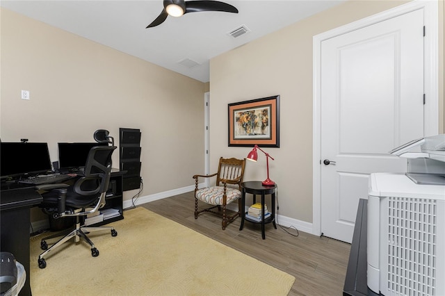 office featuring ceiling fan and light hardwood / wood-style flooring