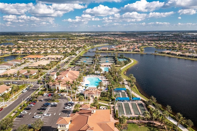 drone / aerial view featuring a water view