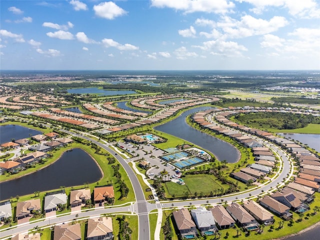 bird's eye view with a water view