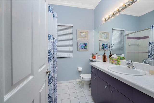 bathroom featuring tile patterned floors, toilet, ornamental molding, curtained shower, and vanity