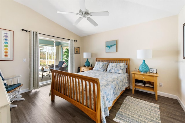 bedroom featuring vaulted ceiling, ceiling fan, access to exterior, and dark hardwood / wood-style flooring