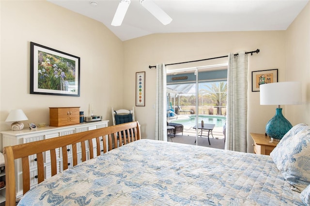 bedroom featuring vaulted ceiling, access to exterior, and ceiling fan