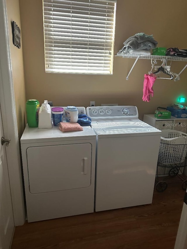 laundry area featuring dark hardwood / wood-style floors and washer and clothes dryer