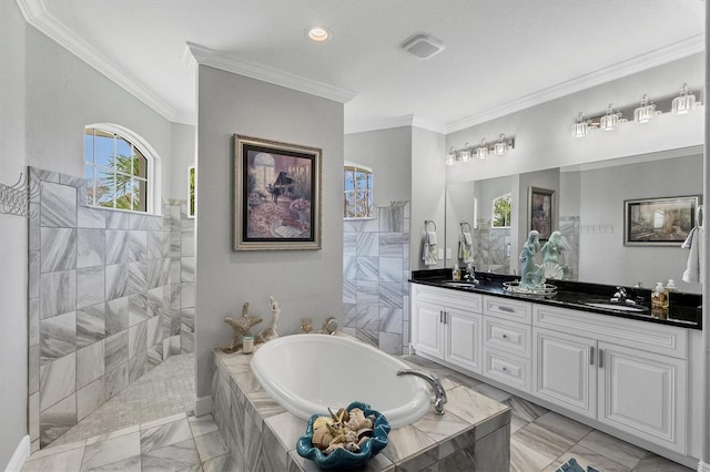 bathroom featuring vanity, crown molding, and plus walk in shower