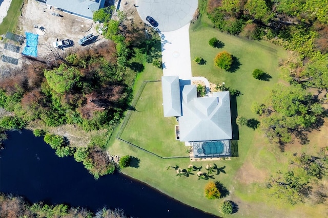 drone / aerial view with a water view