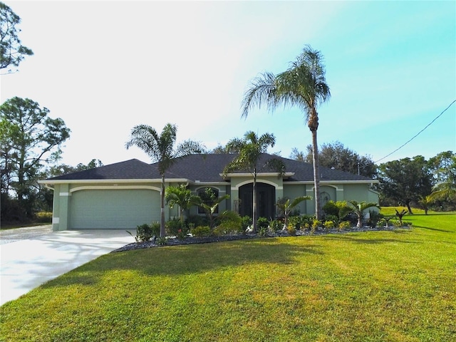 ranch-style home featuring a front yard and a garage