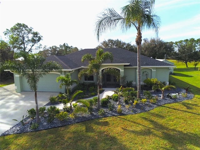 ranch-style home with a front yard and a garage