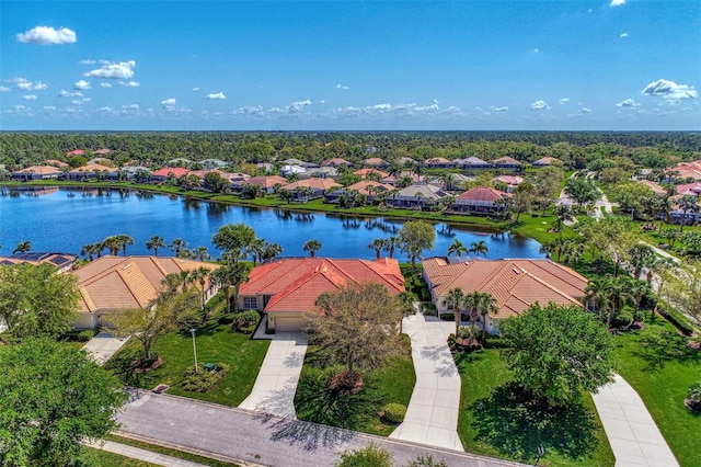 aerial view featuring a water view