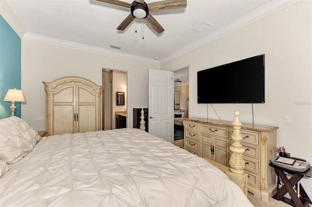 carpeted bedroom with crown molding, ceiling fan, and connected bathroom