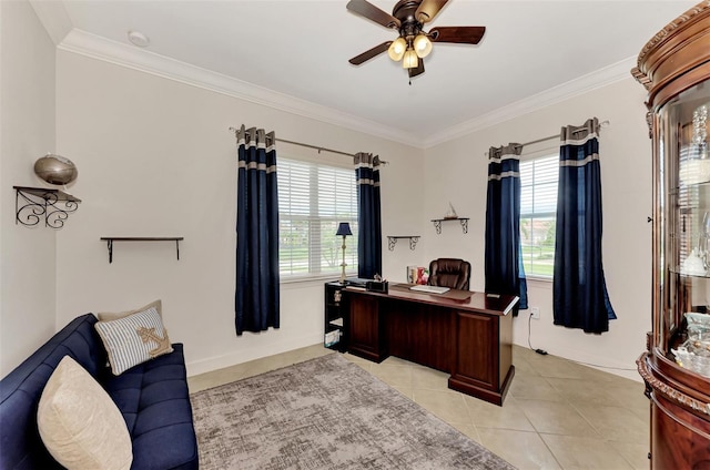 office space with crown molding, light tile patterned floors, and ceiling fan