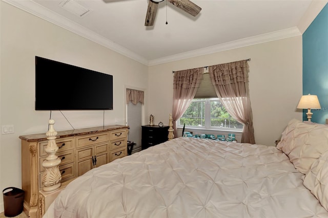 bedroom featuring ornamental molding and ceiling fan