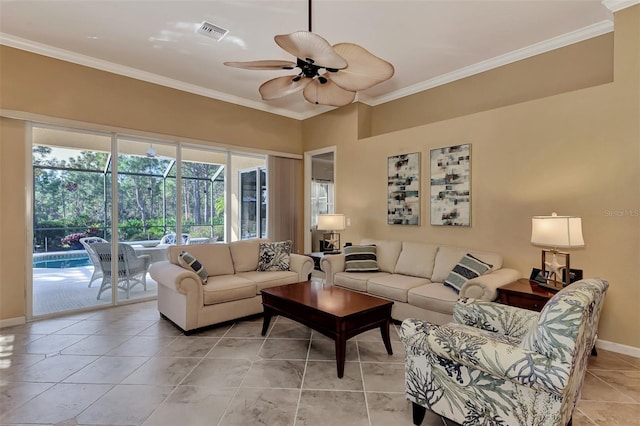 tiled living room featuring ceiling fan and crown molding