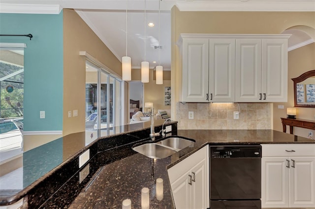 kitchen featuring dishwasher, white cabinets, and dark stone countertops