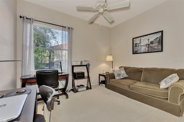 carpeted office featuring ceiling fan