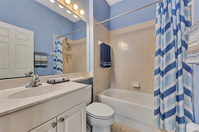 full bathroom featuring toilet, vanity, and shower / bath combo with shower curtain