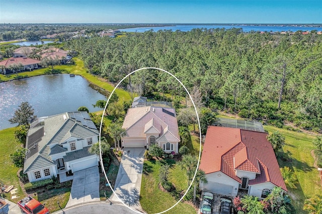 bird's eye view with a water view