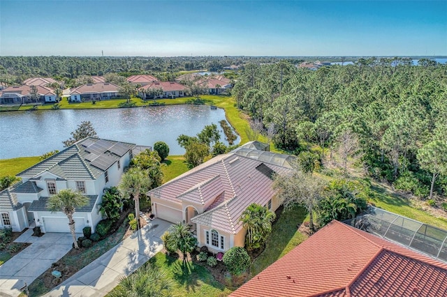 drone / aerial view with a water view