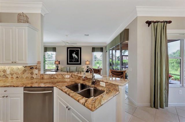 kitchen with white cabinetry, sink, kitchen peninsula, plenty of natural light, and dishwasher