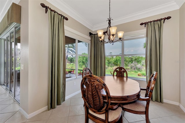 tiled dining area with crown molding and a notable chandelier