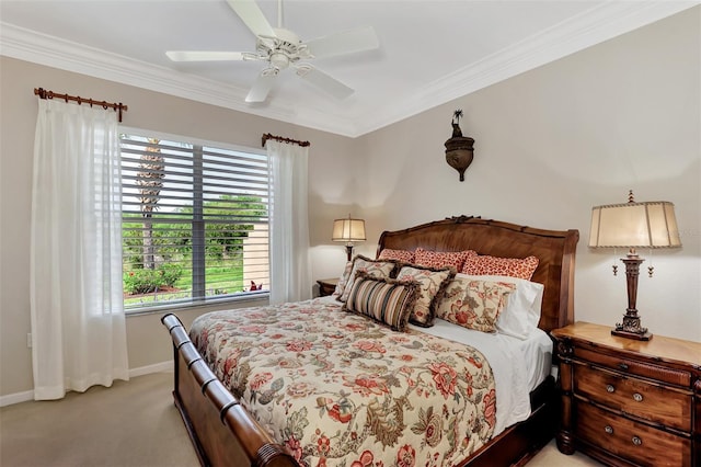 bedroom featuring multiple windows, light colored carpet, and ceiling fan