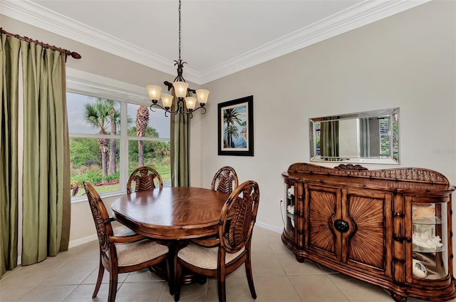 tiled dining space featuring a chandelier and ornamental molding