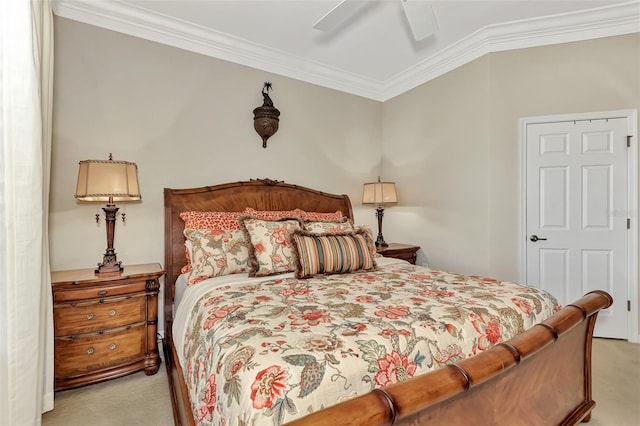 bedroom featuring ceiling fan, ornamental molding, vaulted ceiling, and light colored carpet