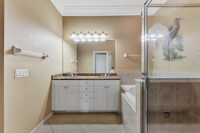 bathroom featuring ornamental molding, tile patterned flooring, shower with separate bathtub, and vanity