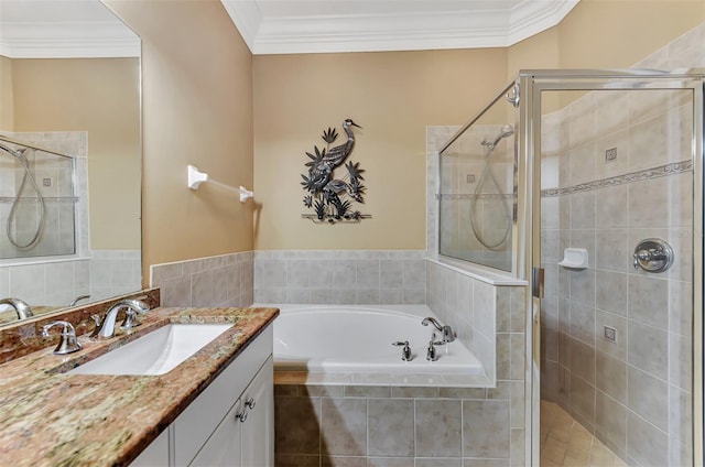 bathroom with ornamental molding, vanity, and plus walk in shower