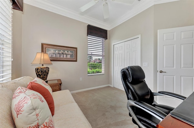 carpeted home office with ceiling fan and ornamental molding