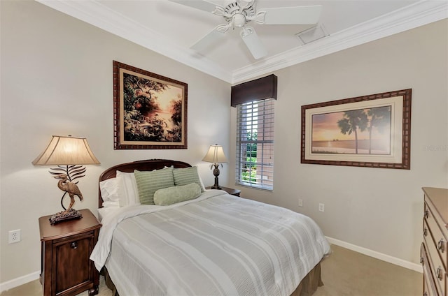 carpeted bedroom featuring ornamental molding and ceiling fan