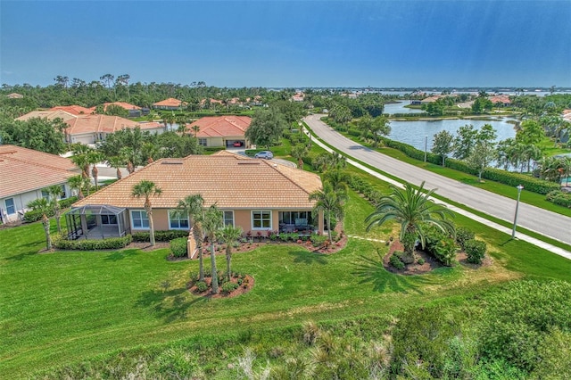 aerial view with a water view