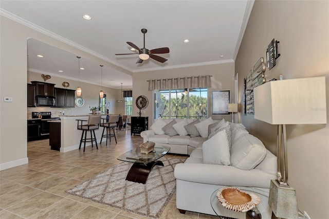 tiled living room featuring crown molding and ceiling fan