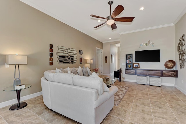 living room featuring ceiling fan, ornamental molding, and light tile patterned floors