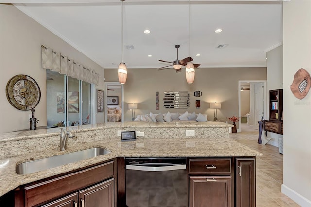 kitchen featuring crown molding, dishwasher, sink, and dark brown cabinets