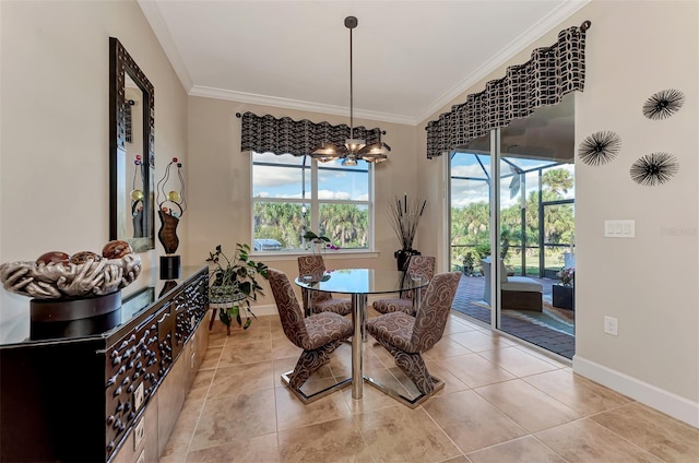 tiled dining room featuring crown molding, a notable chandelier, and a wealth of natural light