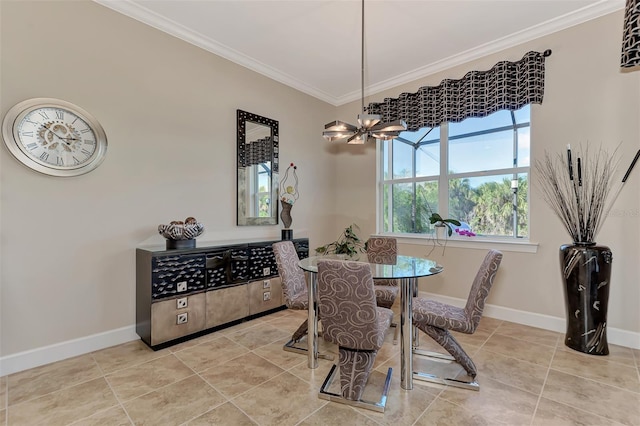 tiled dining area with ornamental molding and a chandelier