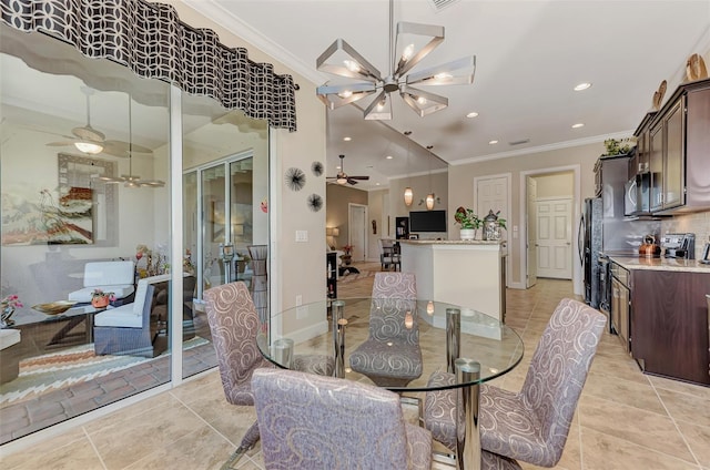 tiled dining space with ornamental molding and a chandelier