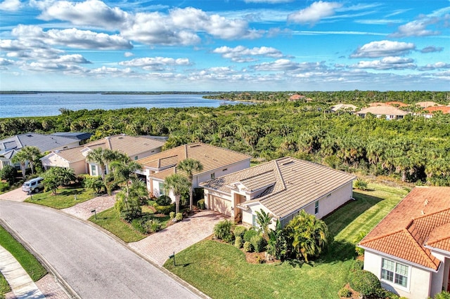 drone / aerial view with a water view