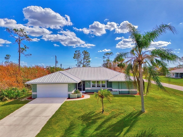 single story home with a garage and a front lawn