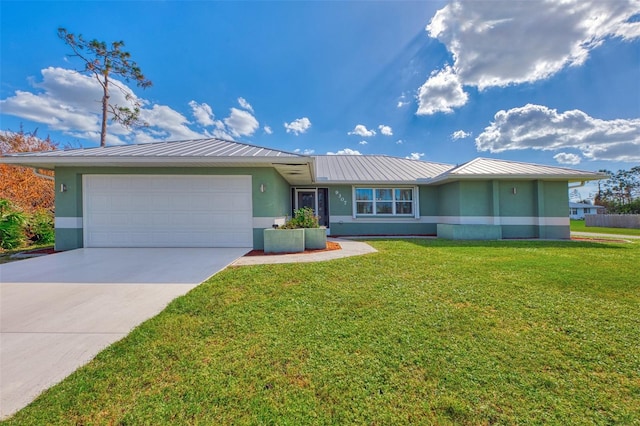 ranch-style home with a front lawn and a garage