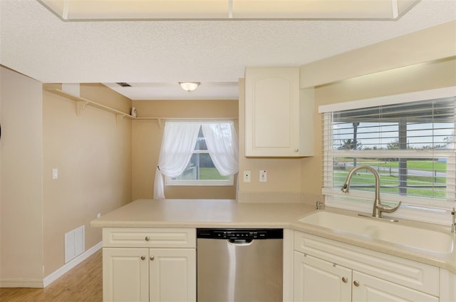 kitchen featuring light hardwood / wood-style flooring, kitchen peninsula, sink, stainless steel dishwasher, and white cabinets