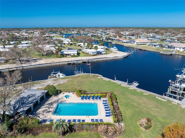 drone / aerial view with a water view