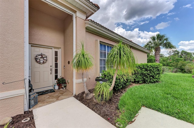 property entrance featuring a yard and stucco siding