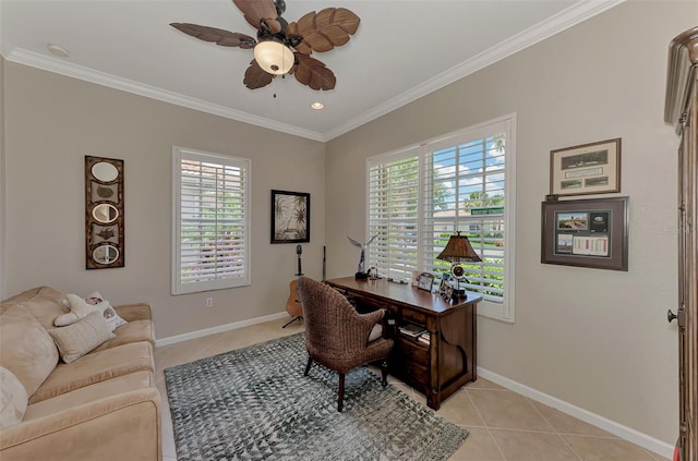 home office with a healthy amount of sunlight, light tile patterned floors, ornamental molding, and baseboards