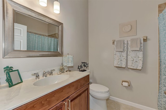 full bathroom with a shower with curtain, tile patterned flooring, vanity, baseboards, and toilet