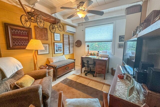 home office with wood ceiling, a wall mounted AC, ceiling fan, light tile patterned flooring, and beamed ceiling