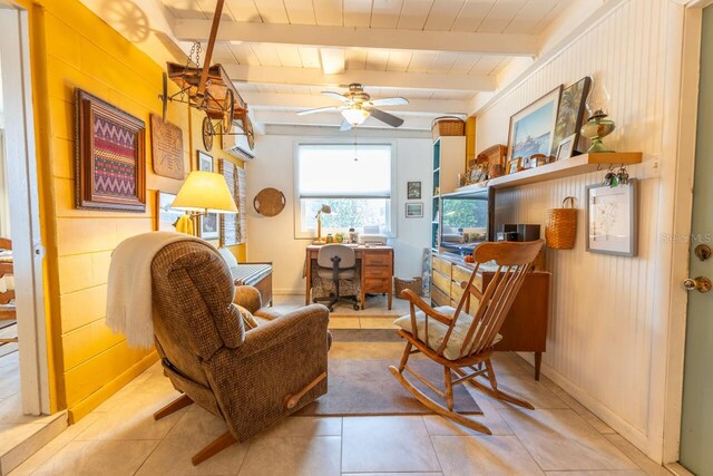 living area with wood ceiling, beam ceiling, light tile patterned flooring, and ceiling fan