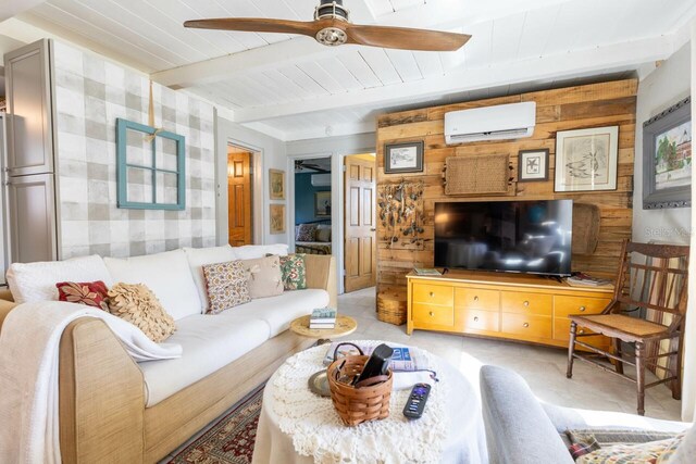 living room with a wall unit AC, wood ceiling, ceiling fan, wood walls, and beamed ceiling