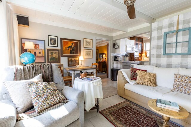 tiled living room with beam ceiling and wood ceiling