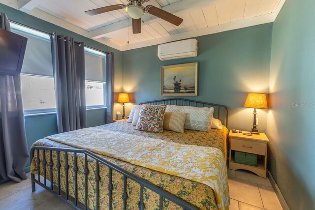 tiled bedroom featuring ceiling fan, beamed ceiling, wood ceiling, and a wall mounted air conditioner